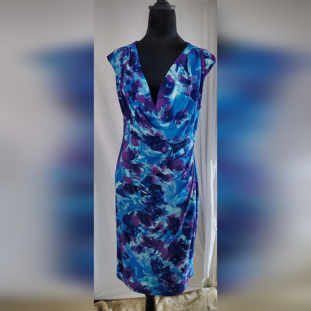 Ralph Lauren Double RL Blue Cowl Neck Ruched Midi Dress